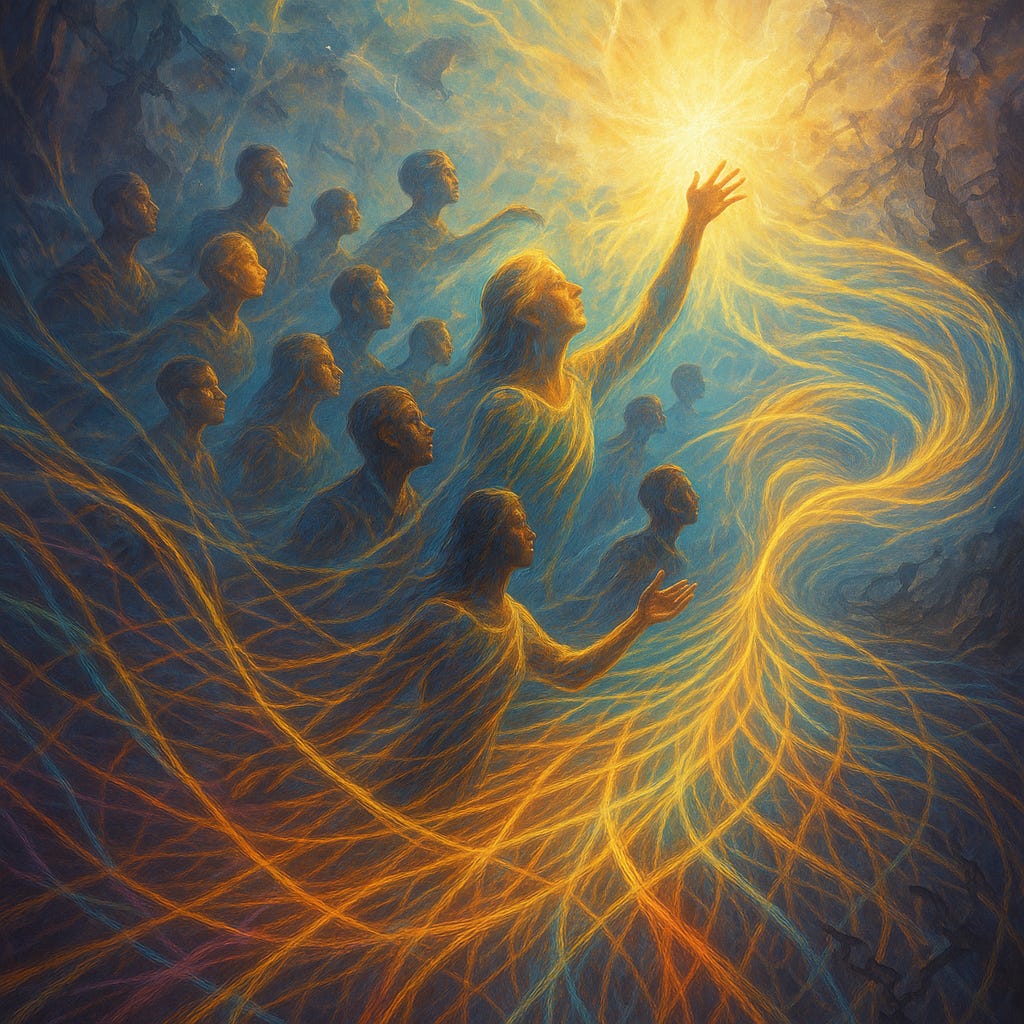 A vivid, ethereal digital painting depicting interconnected threads of radiant light weaving a tapestry. Diverse, translucent human figures emerge from the threads, reaching toward a glowing horizon. In the background, faint silhouettes of broken chains and dissolving fragments symbolize the collapse of old orders. The overall scene conveys hope, unity, and the reweaving of fractured reality into harmony.