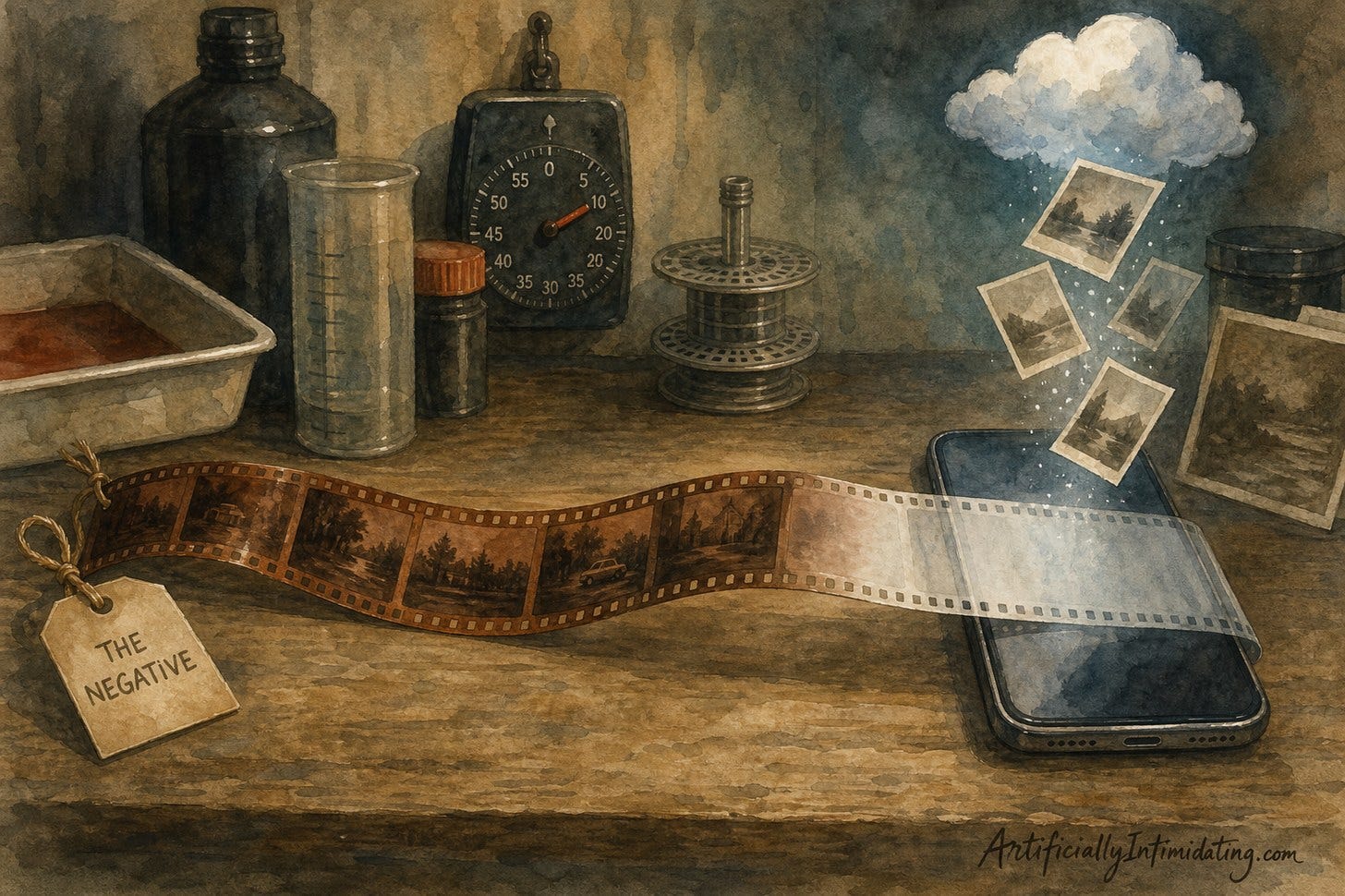 Watercolor of a strip of film negative draped over a workbench. Where it touches a smartphone it fades to blank film, and faint photos float up into a small cloud above. A tag on the negative reads THE NEGATIVE. Watercolor of a strip of film negative draped over a workbench. Where it touches a smartphone it fades to blank film, and faint photos float up into a small cloud above. A tag on the negative reads THE NEGATIVE.