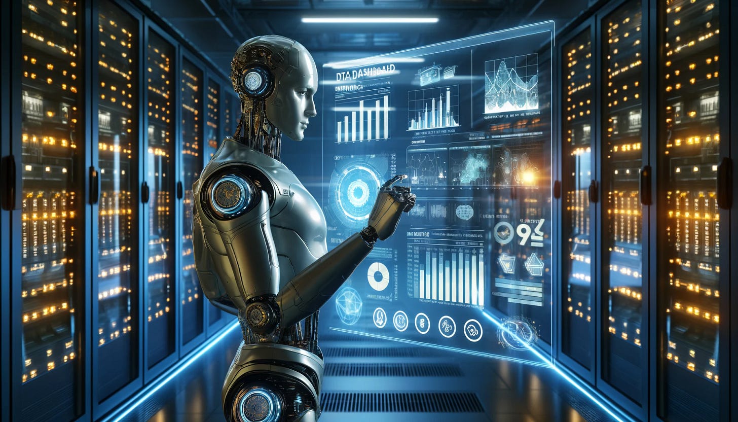 A futuristic scene in a data warehouse with glowing data streams and large data servers. A humanoid robot with a sleek, metallic design is actively constructing a business dashboard on a holographic screen. The dashboard displays key performance indicators (KPIs) like sales graphs, efficiency metrics, and revenue charts. The robot, resembling an advanced AI agent, manipulates virtual elements with precision, its eyes focused intently on the task. The environment is dimly lit, highlighting the illuminated data and the reflective surfaces of the robot.