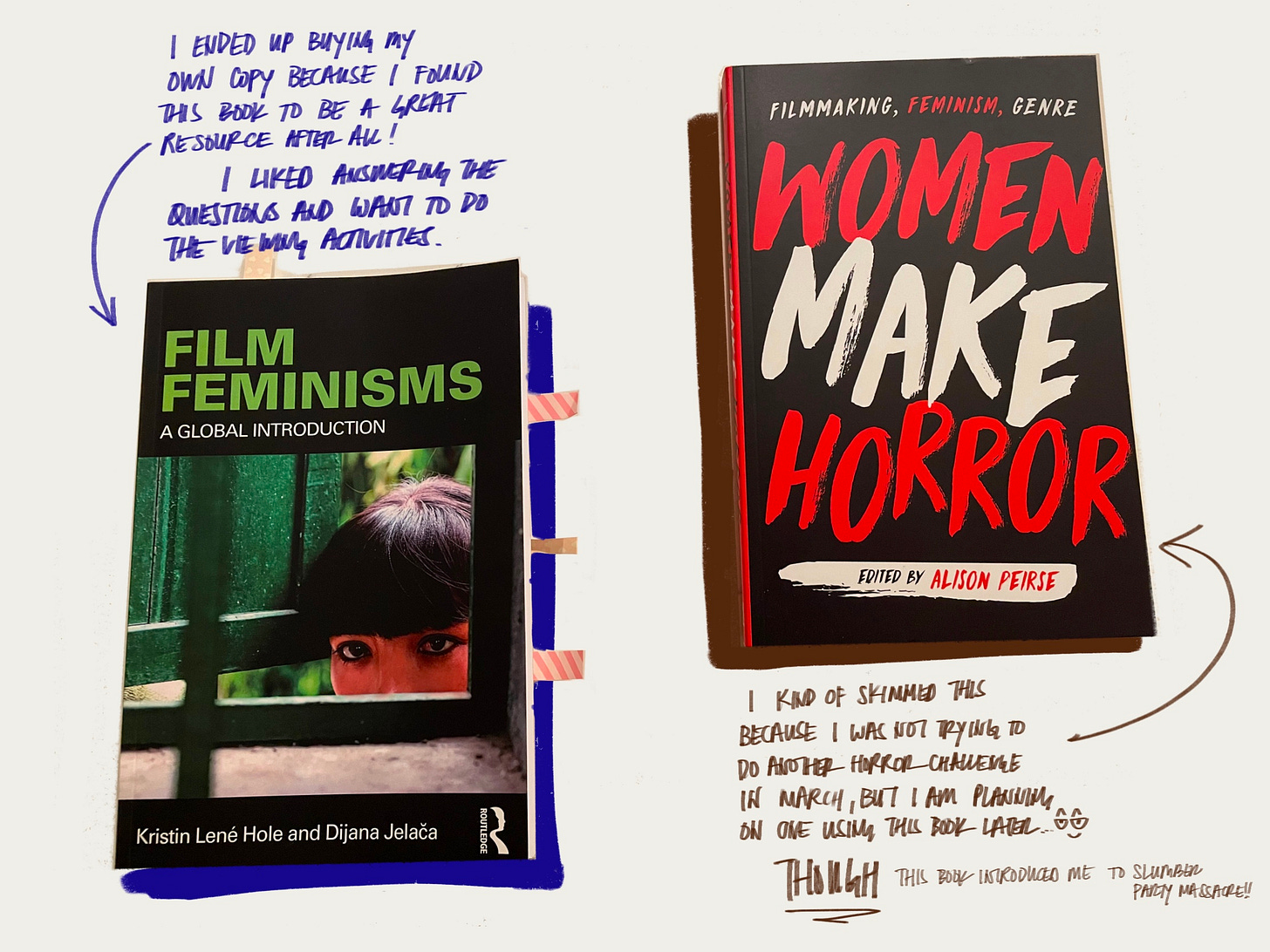 A collage-style image featuring photos of 2 books. On the left, the book Film Feminisms - A Global Introduction by Kristen Lené Hole and Diana Jelača with some post-it notes sticking out of it. Above is handwritten text in blue that says “I ended up buying my own copy because I found this book to be a great resource after all! I liked answering the questions and want to do the viewing activities”. There is an arrow pointing to the book. On the right is the book “Women Make Horror” edited by Alison Pearse. The handwritten text underneath says “I kind of skimmed this because I was not trying to do another horror challenge in March, but I am planning on using this book later (smirk). Though, this book introduced me to Slumber Party Massacre!”