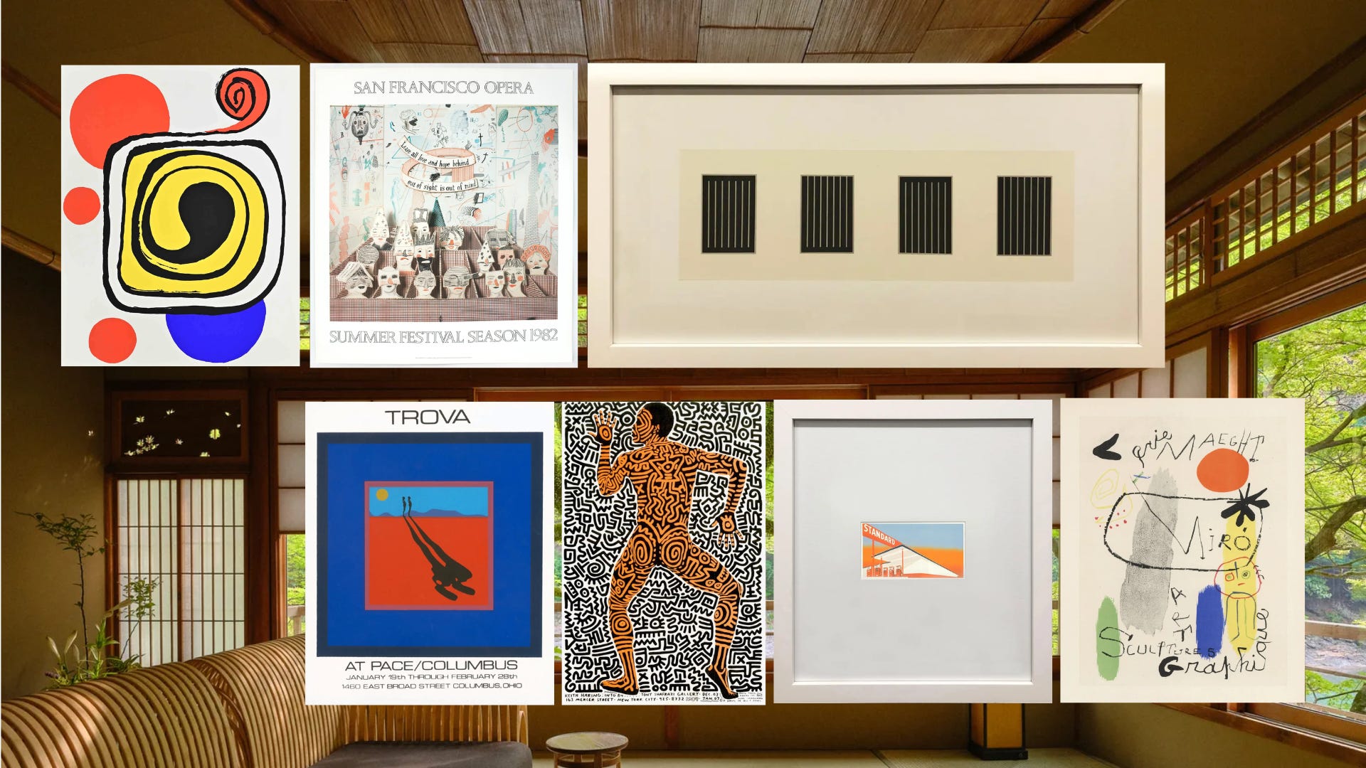 Gallery wall of vintage art posters including Alexander Calder, David Hockney, Donald Judd, Keith Haring, and more