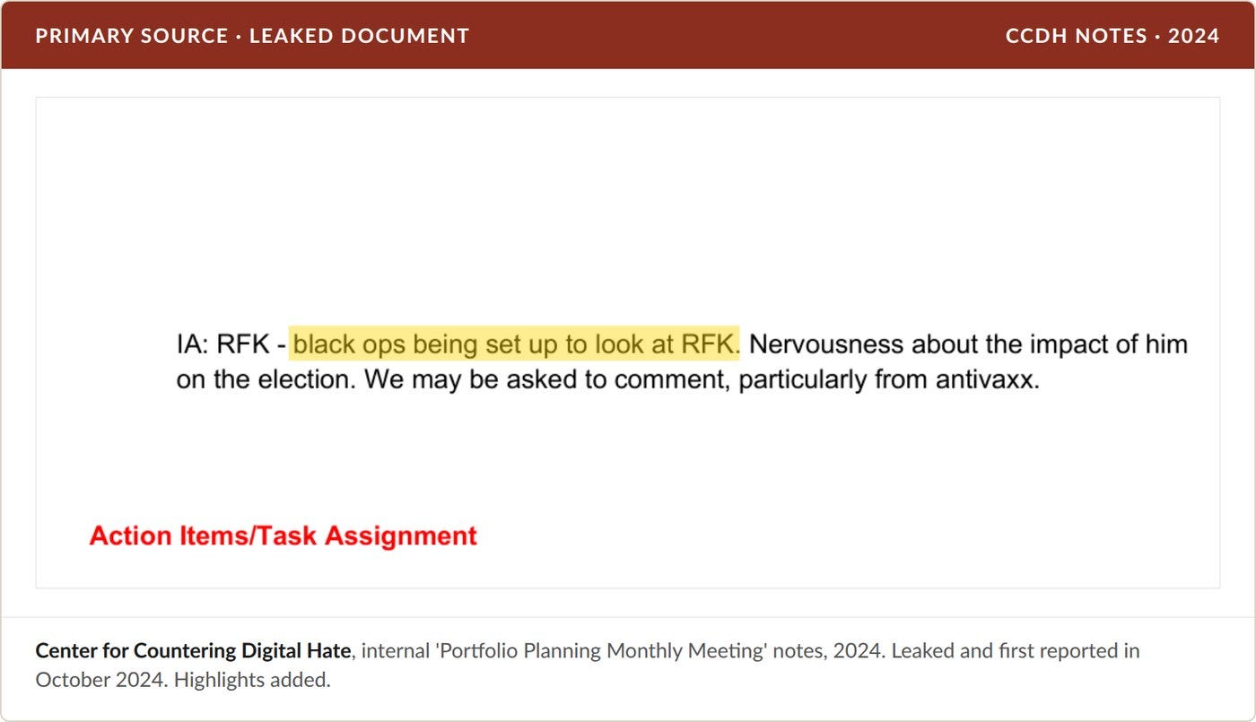 Leaked CCDH notes, highlight added. The entry is reproduced as written. Leaked CCDH notes, highlight added. The entry is reproduced as written.
