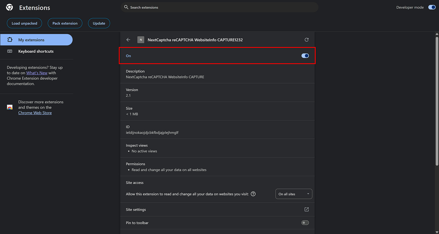 Verifying that the NextCaptcha reCAPTCHA WebsiteInfo CAPTURE extension is enabled