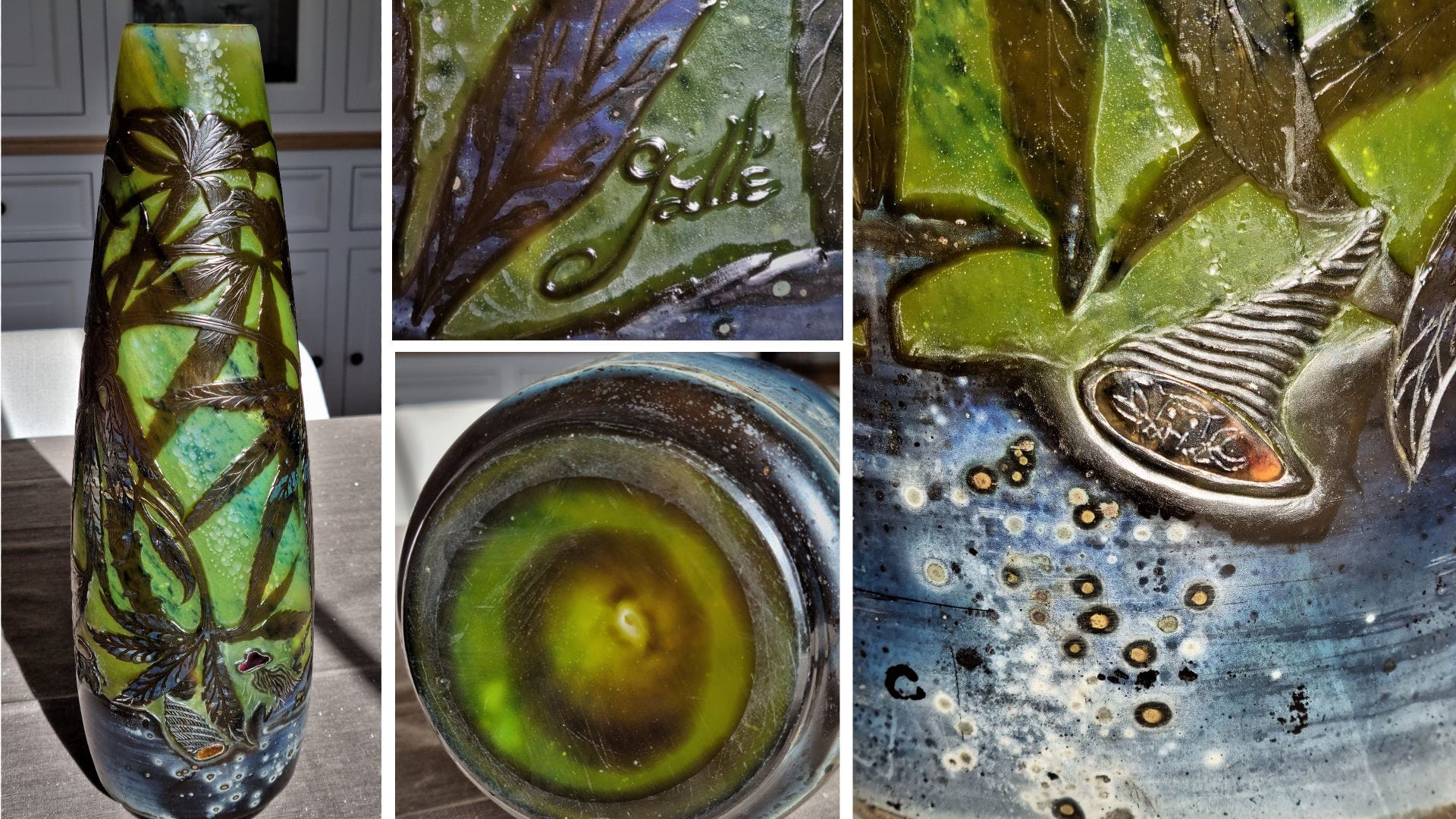Details of the “undersea fetid hellebore” vase: Gallé cameo signature, pontil mark on the bottom with light scratches from use, cartoon-like engraving of an hermit crab. Details of the “undersea fetid hellebore” vase: Gallé cameo signature, pontil mark on the bottom with light scratches from use, cartoon-like engraving of an hermit crab.