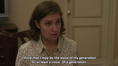 This may contain: a woman sitting in front of a table with a quote on her shirt that says, i think that i may be the voice of my generation