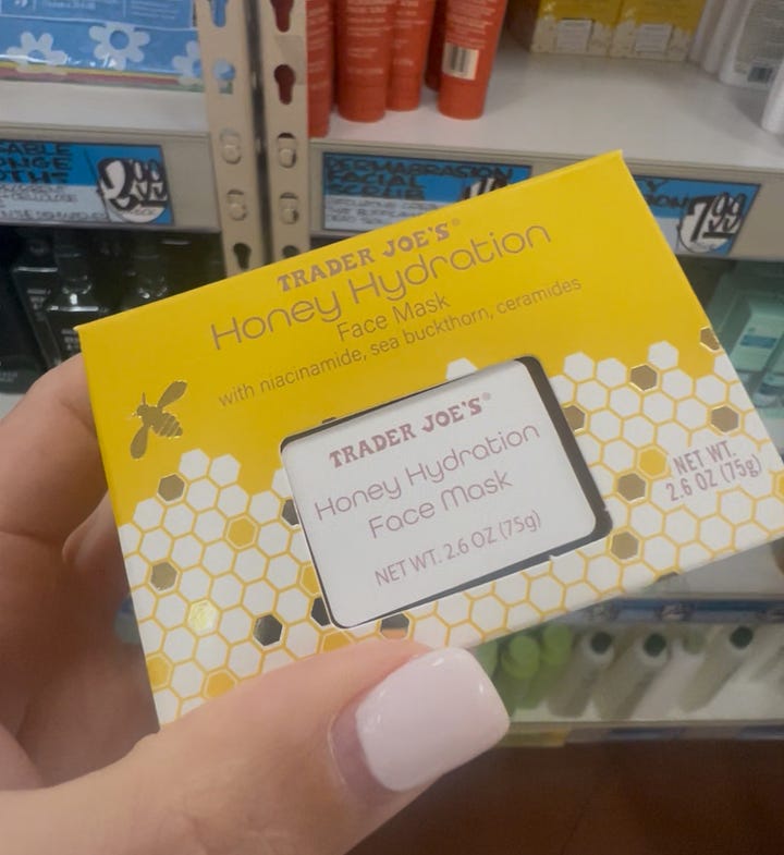 A side by side gallery showing the diffrence between the Trader Joe's Honey Hydration Face Mask and the Farmacy Honey Potion Plus Face Mask 