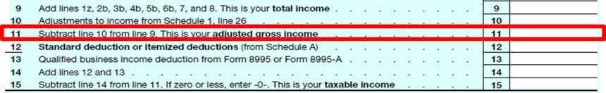 Image showing where to find AGI line 11 on Form 1040