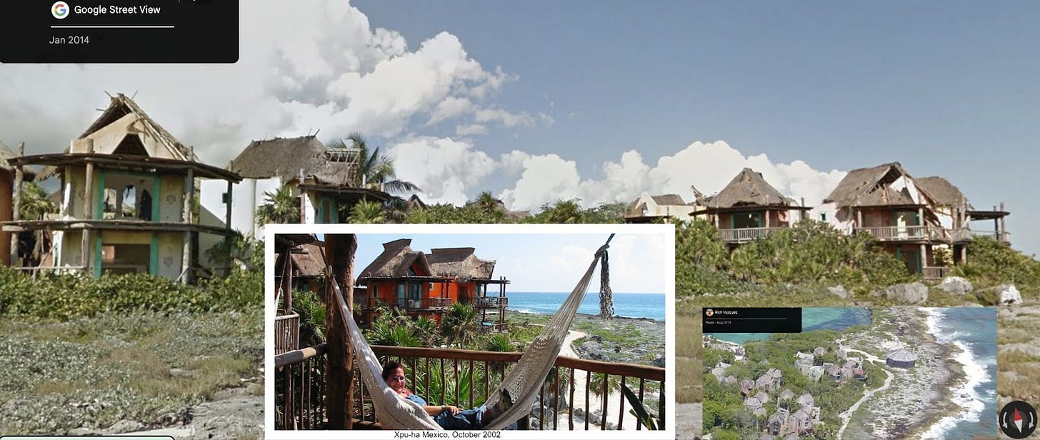Google Street View of Xpu-ha Mexico dated January 2014, inset is a photo of Chloe at the same location in October 2002, and an inset aerial photo of the area posted on Google Maps from 2019. Google Street View of Xpu-ha Mexico dated January 2014, inset is a photo of Chloe at the same location in October 2002, and an inset aerial photo of the area posted on Google Maps from 2019.