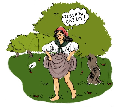 women walking around an olive grove with their skirts up and blood on their thighs, while caterpillars drop from the trees.