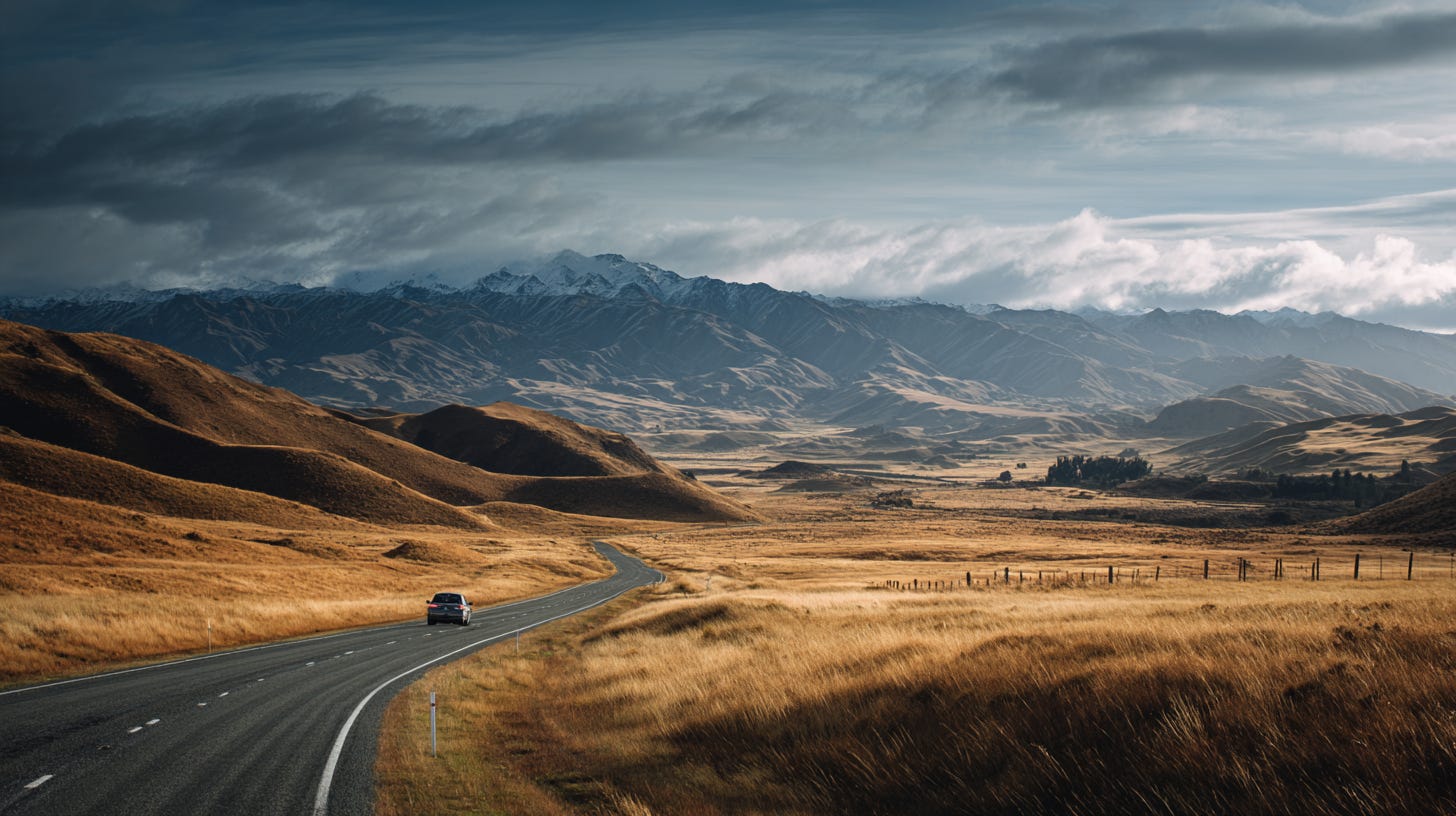 New Zealand open road tussock hills dusk — career transition freedom neurodiversity leadership reset.