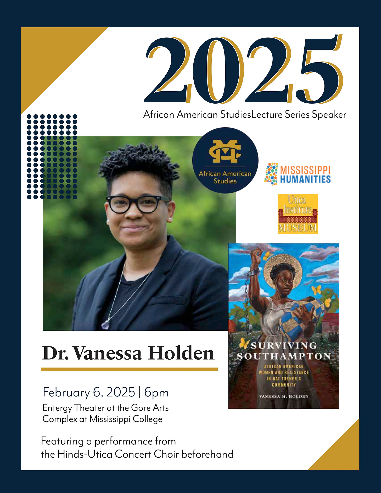 Blue, yellow, and white flyer with a close-up headshot of a smiling woman with glasses. Next to her is a picture of her book Surviving Southampton. Graphic is text-heavy; info is in post's body.