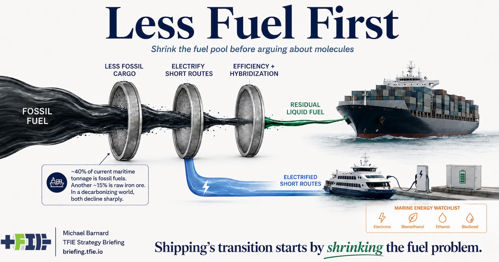 Hero graphic showing fossil marine fuel shrinking through cargo, electrification and efficiency filters before residual fuel remains.