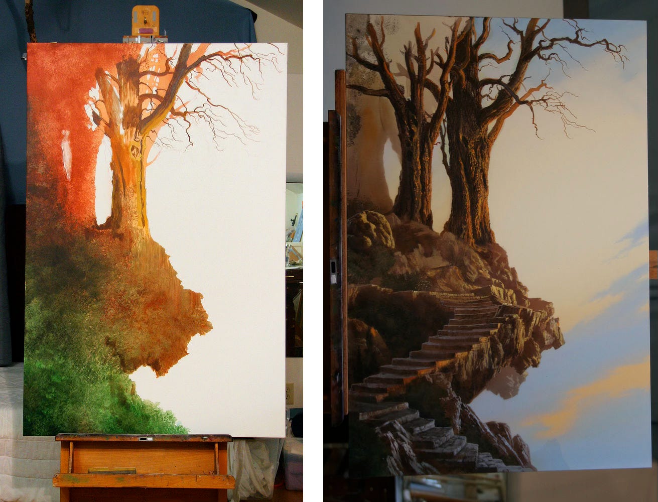 LEFT: Photo of RISING as a work in progress. The underpainting top left is russet color and lower left is green. The forking branches of the tree have been defined against the contrast of white blank canvas as is the earthy overhang against what is to be sky.  RIGHT: Work in progress photo of RISING with the panel turned on its side. Some of the sky has been rendered in blue. The trees are skeletal but more textured. Everything is in earthy tones with the path of stairs winding down into the foreground.