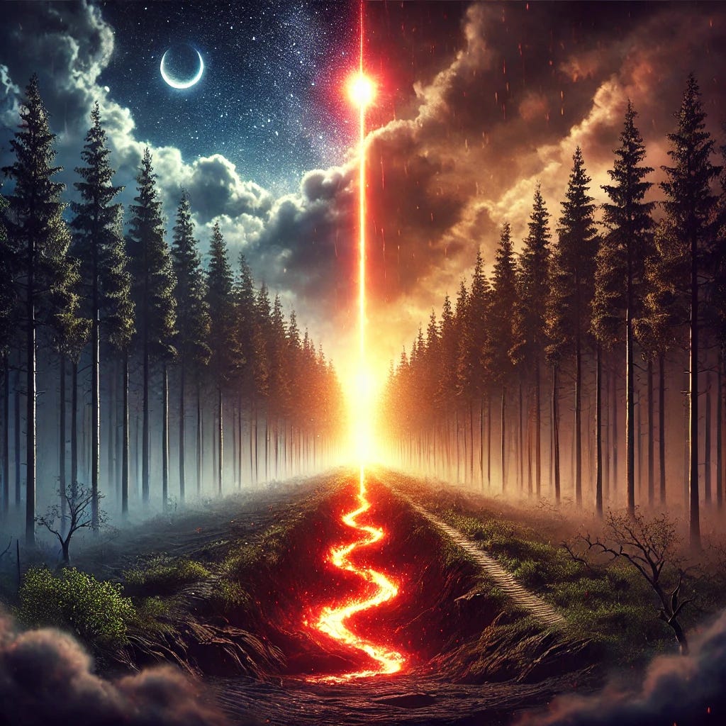 Create cover art representing a profound conversation about truth, deception, and existential challenges. The image features a dark, ominous forest with a fiery glow emerging from within, symbolizing hidden dangers and the spread of deception. In the distance, a radiant light breaks through the darkness, representing ultimate truth and clarity. A subtle path divides the scene, leading either towards the fire or towards the light, symbolizing the choices humanity faces. The sky above transitions from dark storm clouds to a calm, starry night, hinting at spiritual and existential themes. The overall mood is a blend of foreboding and hope.