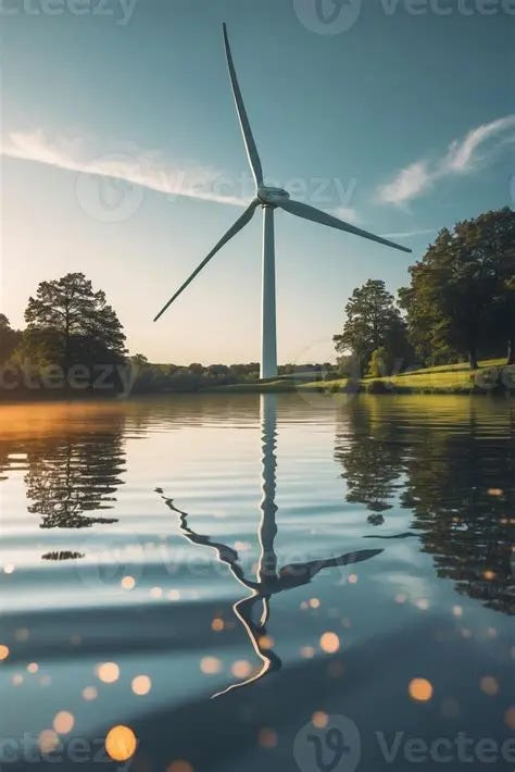 Wind turbine reflects in calm water at sunset with trees in background ... Wind turbine reflects in calm water at sunset with trees in background ...