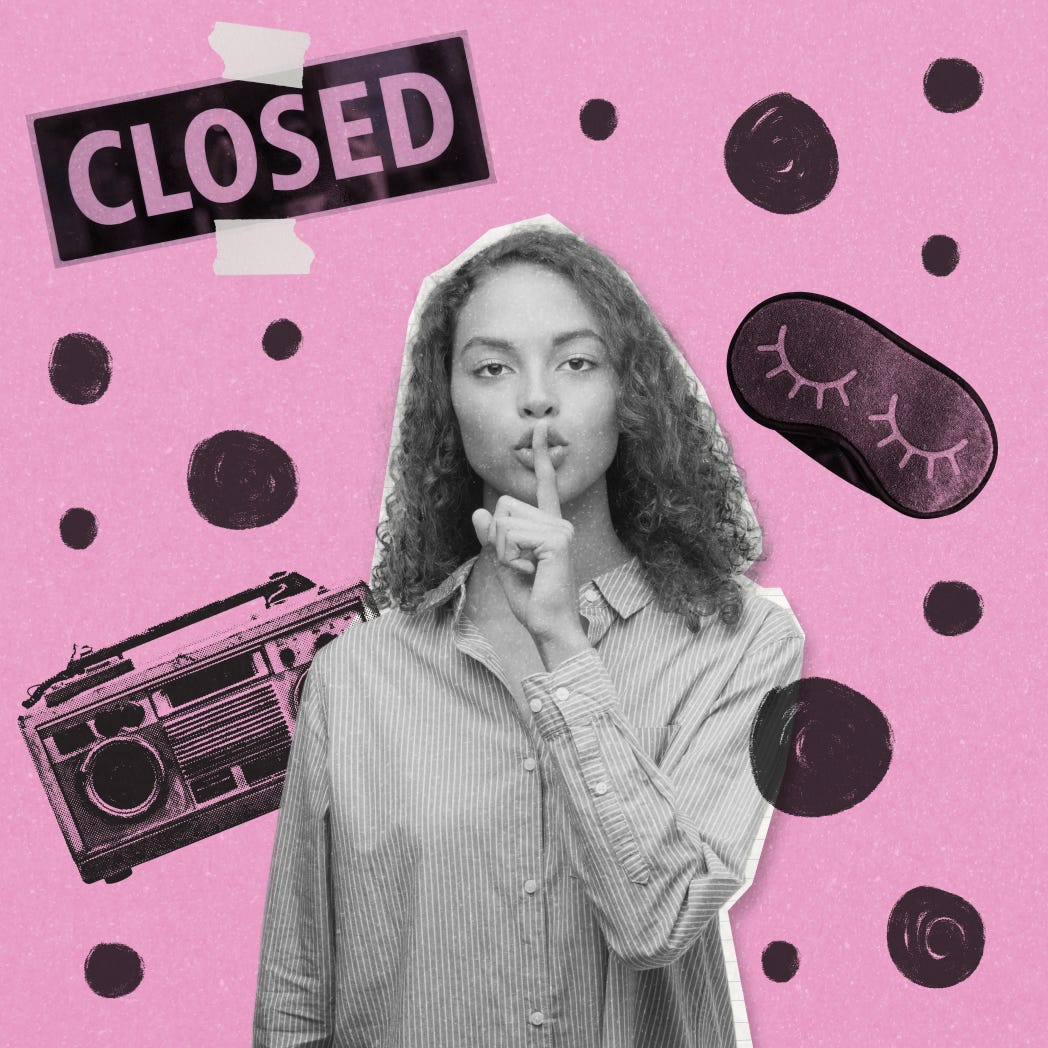 A collage showing a "Closed" sign, a sleep mask, and a woman making a shh gesture