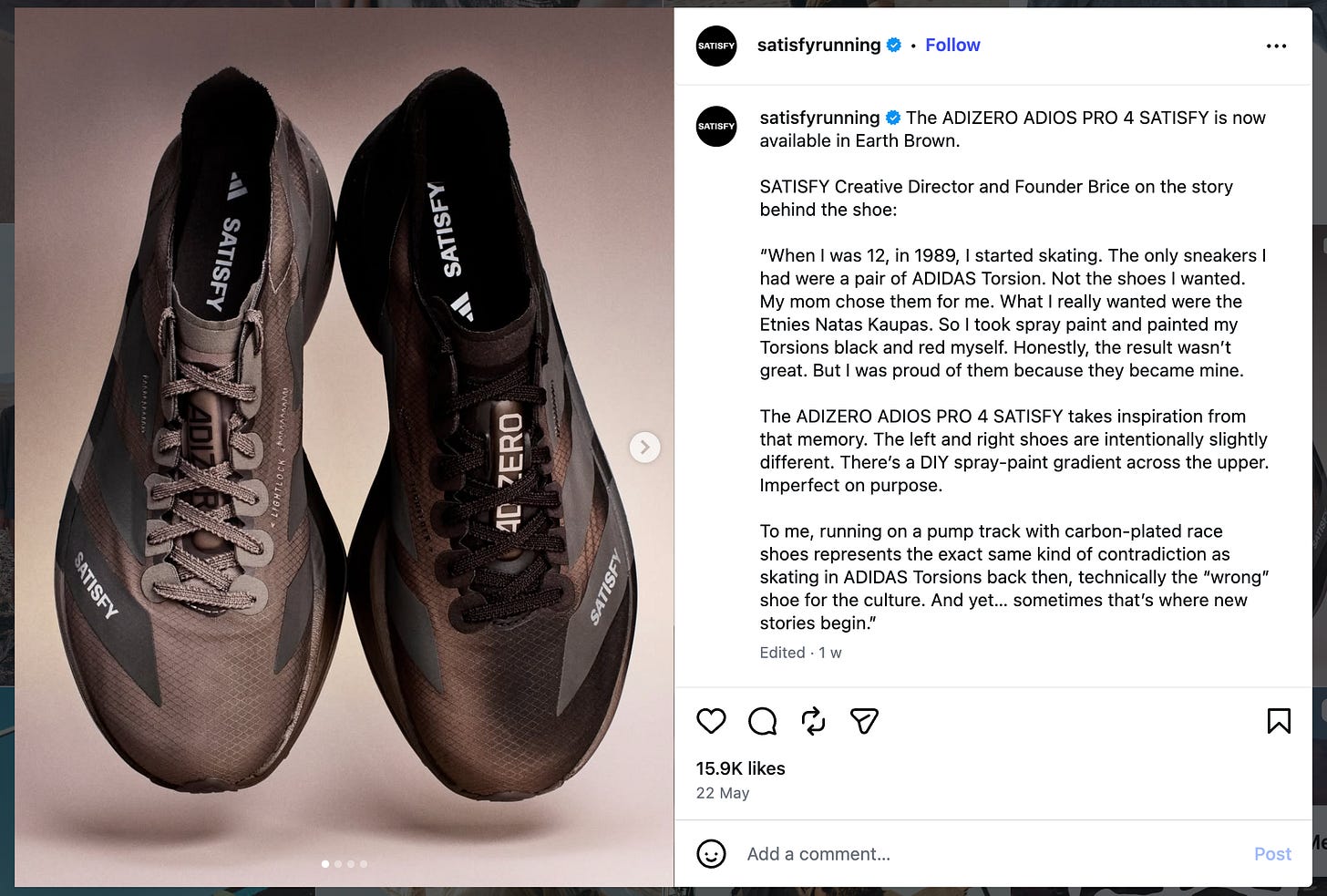 Brice Partouche, Satisfy’s Creative Director and Founder, framed the partnership on Instagram Brice Partouche, Satisfy’s Creative Director and Founder, framed the partnership on Instagram