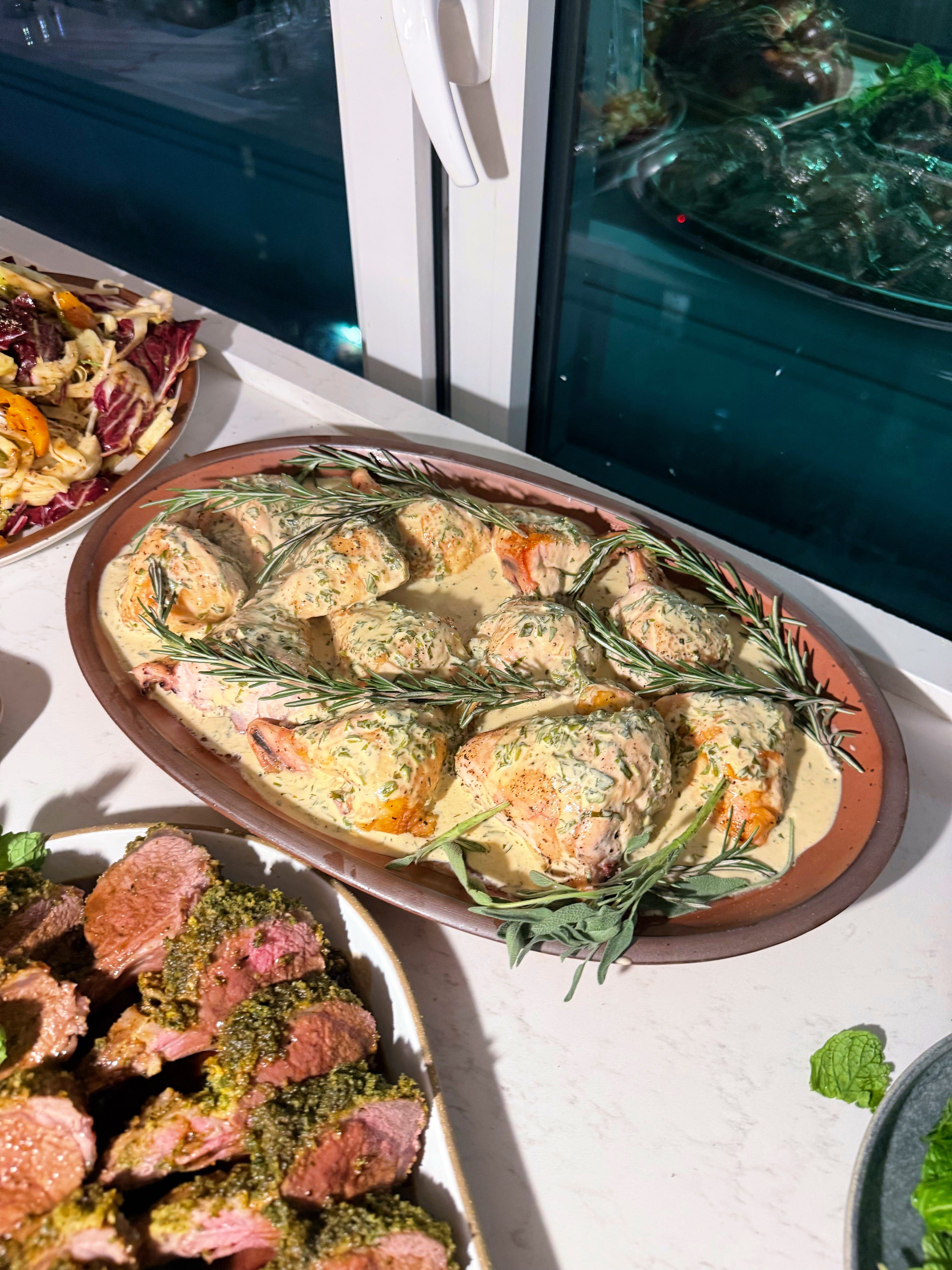dinner party: mint pomegranate lamb chops, tarragon chicken, challah