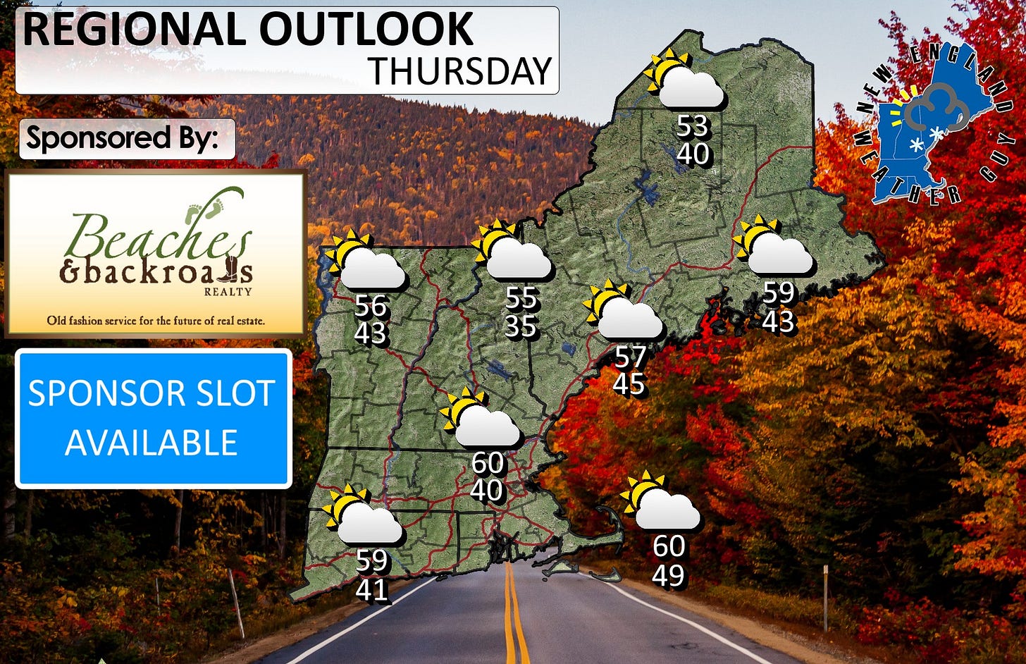 May be an image of road and text that says 'REGIONAL OUTLOOK THURSDAY Sponsored By: 53 40 Beaches &backroa_s S REALTY Old fashion service th the future of real estate. 56 43 55 35 SPONSOR SLOT AVAILABLE 59 43 57 45 40 60 40 59 41 60 49 ቀችኤክ'