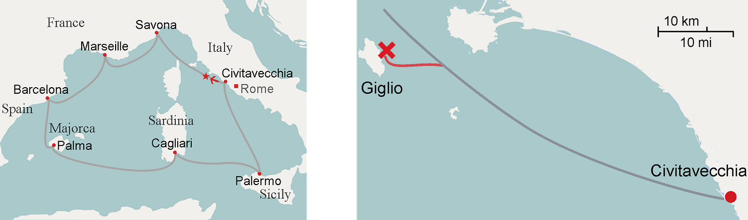 Route of the Costa Concordia's trip around the Mediterranean Route of the Costa Concordia's trip around the Mediterranean