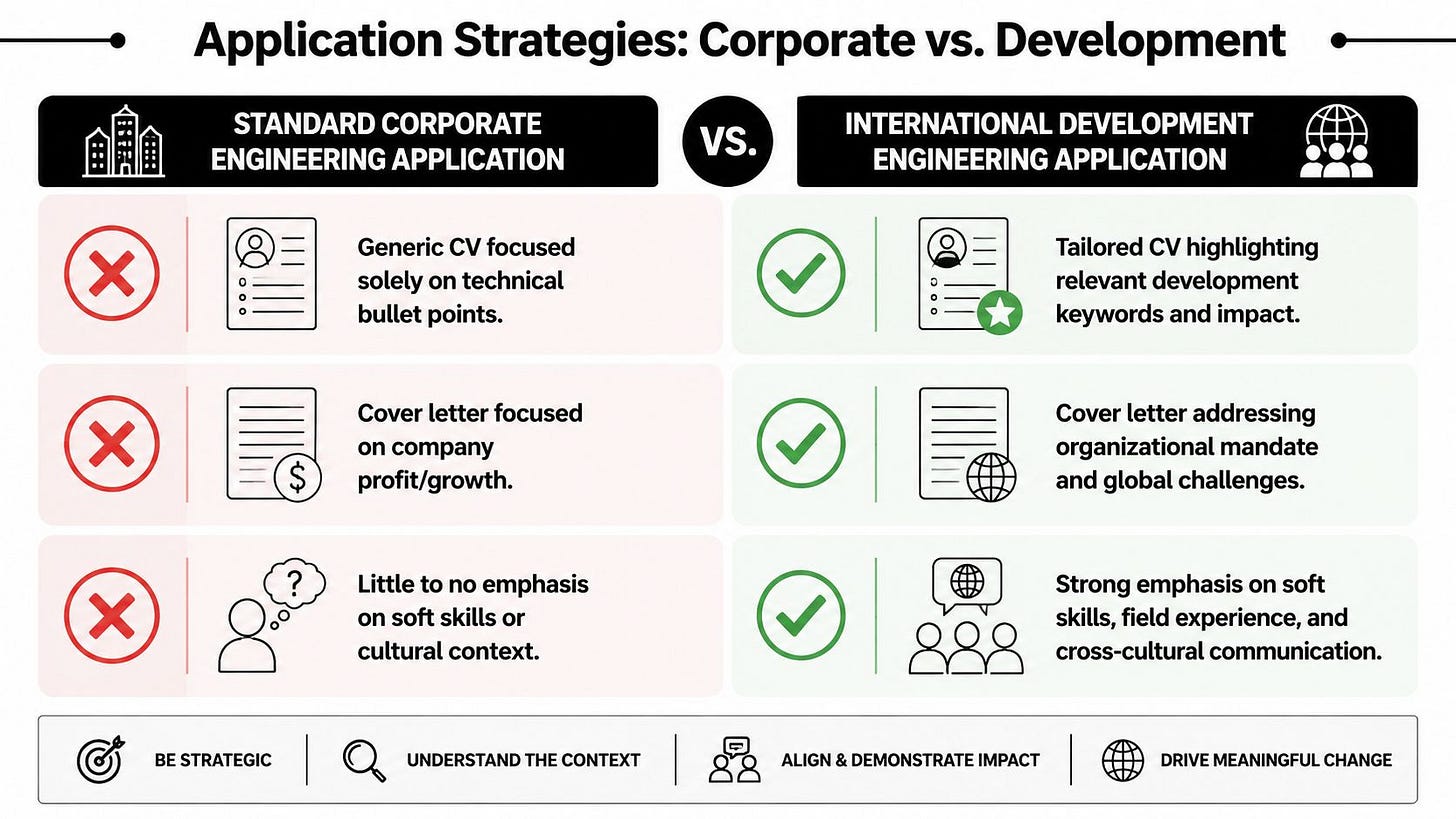 A comparison chart outlining differences between corporate engineering and international development engineering application strategies.