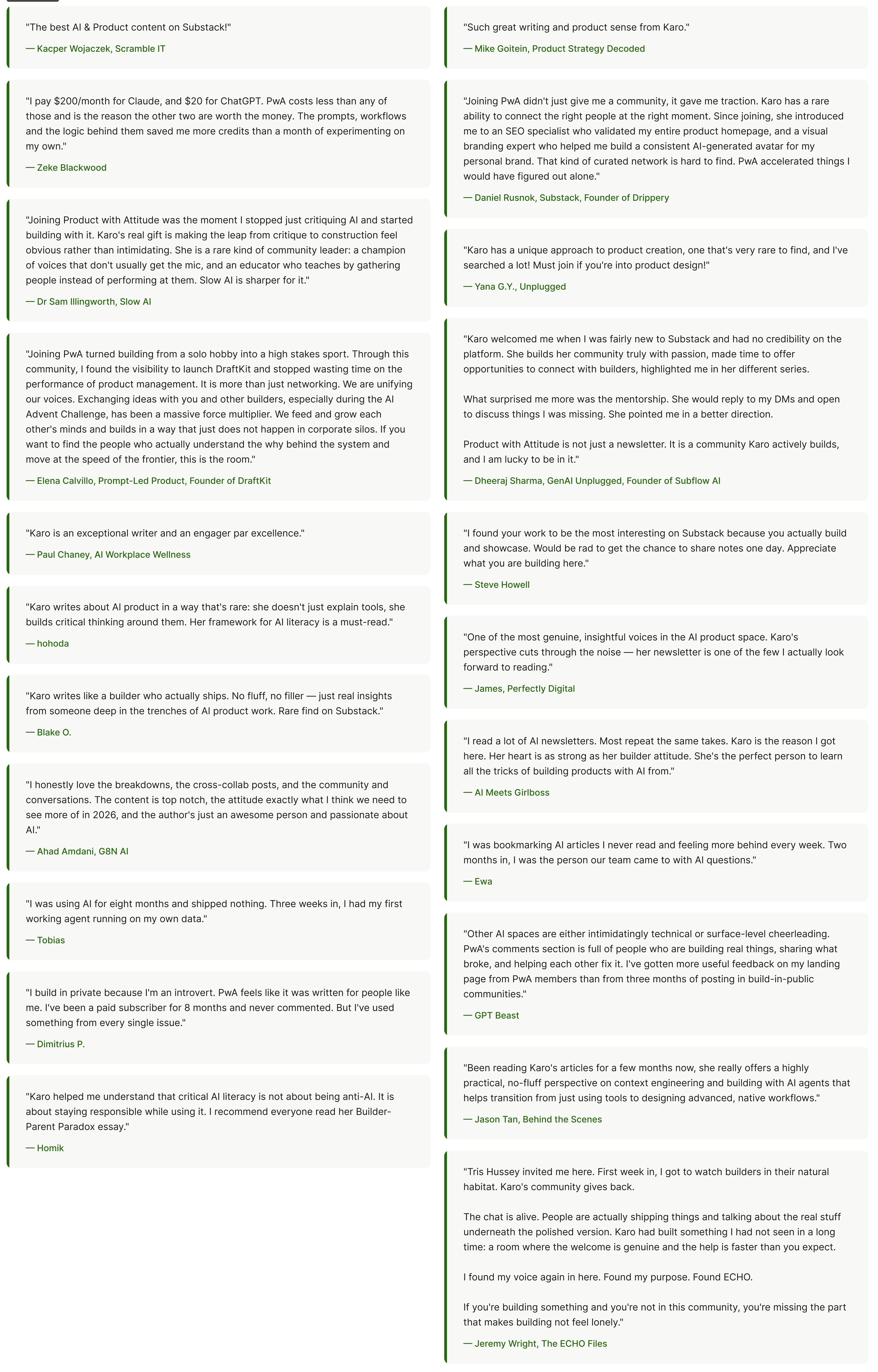 Grid of 30+ Product with Attitude reader testimonials praising Karo Zieminski's AI and product Substack for builder-focused writing, critical AI literacy, mentorship, and an active builder community.