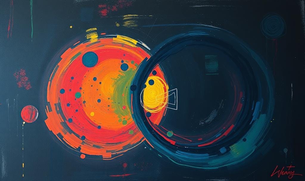 AI-generated abstract painterly image of two large spheres interacting.