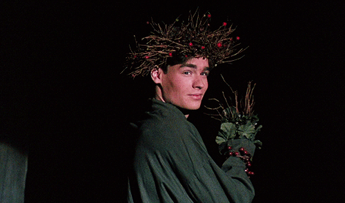 Gif dal film "L'attimo fuggente". Un giovane uomo con un'espressione astuta o maliziosa indossa una corona fatta di rami nudi e bacche rosse. È avvolto in un mantello verde scuro e tiene in mano un piccolo mazzo di foglie di agrifoglio e altre bacche. L'ambientazione è scura, illuminata solo per evidenziare la figura, suggerendo un contesto teatrale o festivo, forse legato a celebrazioni invernali o pagane.