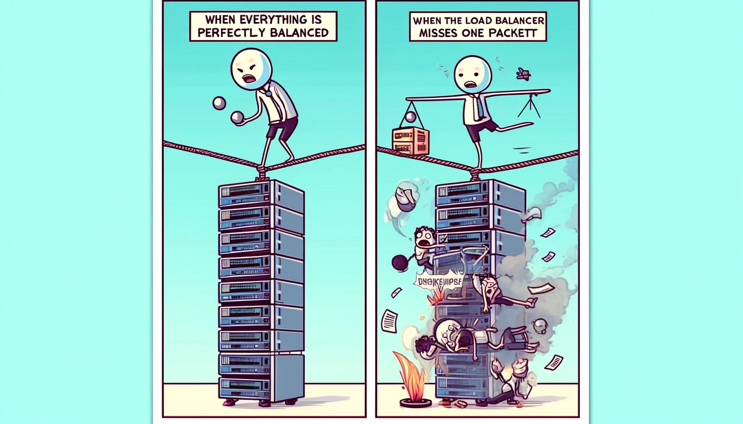 A humorous meme about load balancing. The image is divided into two halves. 

Top half: A cartoon illustration of a server rack with multiple servers inside, perfectly balanced on a tightrope. A stick figure load balancer is walking confidently on the rope, juggling data packets. Everything looks stable and well-managed.

Bottom half: The same server rack, but now the load balancer is panicking, dropping data packets everywhere. The servers are leaning precariously, one server is hanging off the tightrope, another is smoking, and the load balancer has a stressed-out expression.

Text overlay on top image: “When everything is perfectly balanced”

Text overlay on bottom image: “When the load balancer misses one packet”
