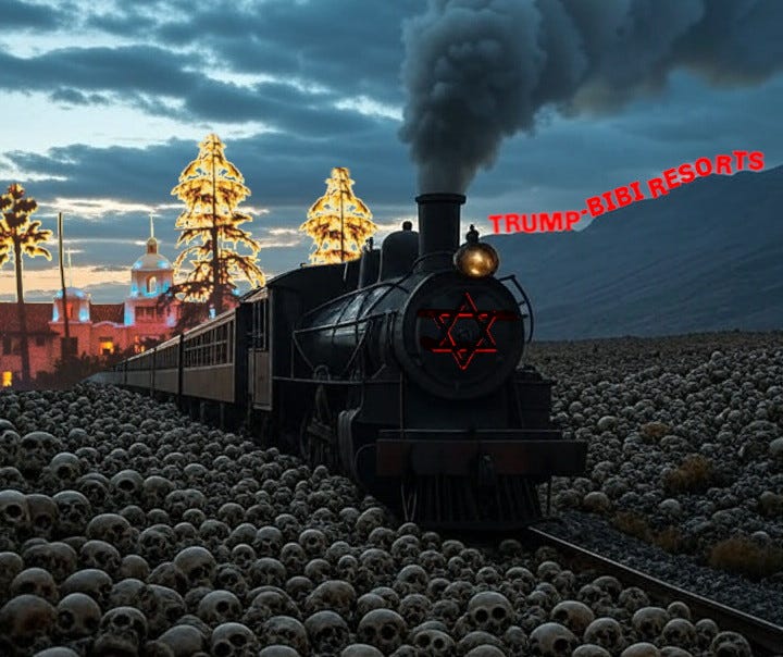 Old fashioned black locomotive returning from the Hotel Zion through a dark landscape of human skulls