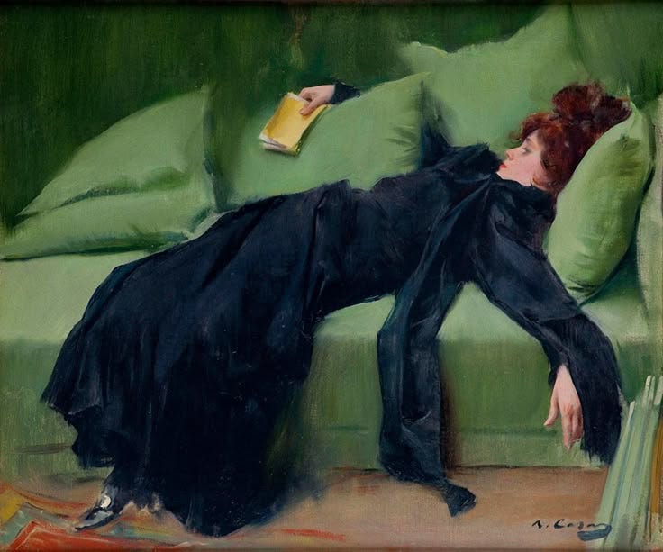 This may contain: a painting of a woman laying on a green couch with her head in the pillow