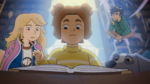 Sabrina Grimm (voiced by Ariel Winter), Daphne Grimm (voiced by Leah Newman), Puck (voiced by Billy Harris) and Elvis in “The Sisters Grimm,” premiering October 3, 2025 on Apple TV+.