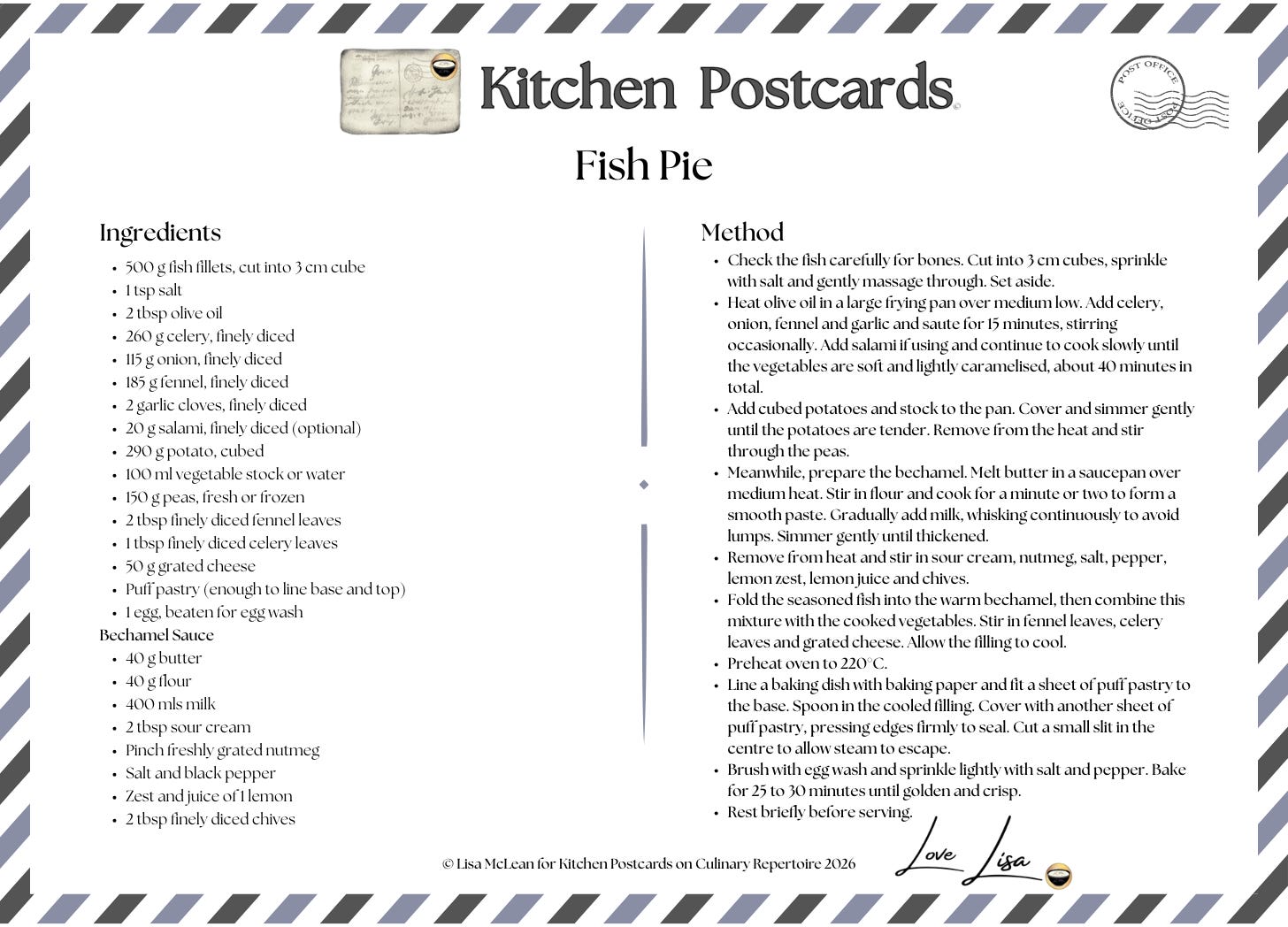 Recipe Card Fish Kitchen Postcard - Lenten Fish Pie - by Lisa McLean