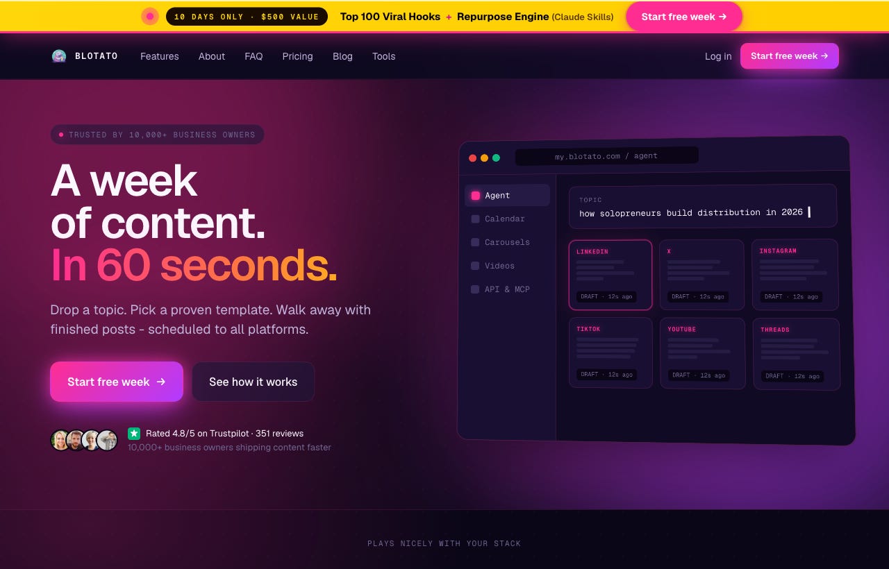 Blotato homepage: a week of content in 60 seconds, drop a topic and schedule to all platforms Blotato homepage: a week of content in 60 seconds, drop a topic and schedule to all platforms