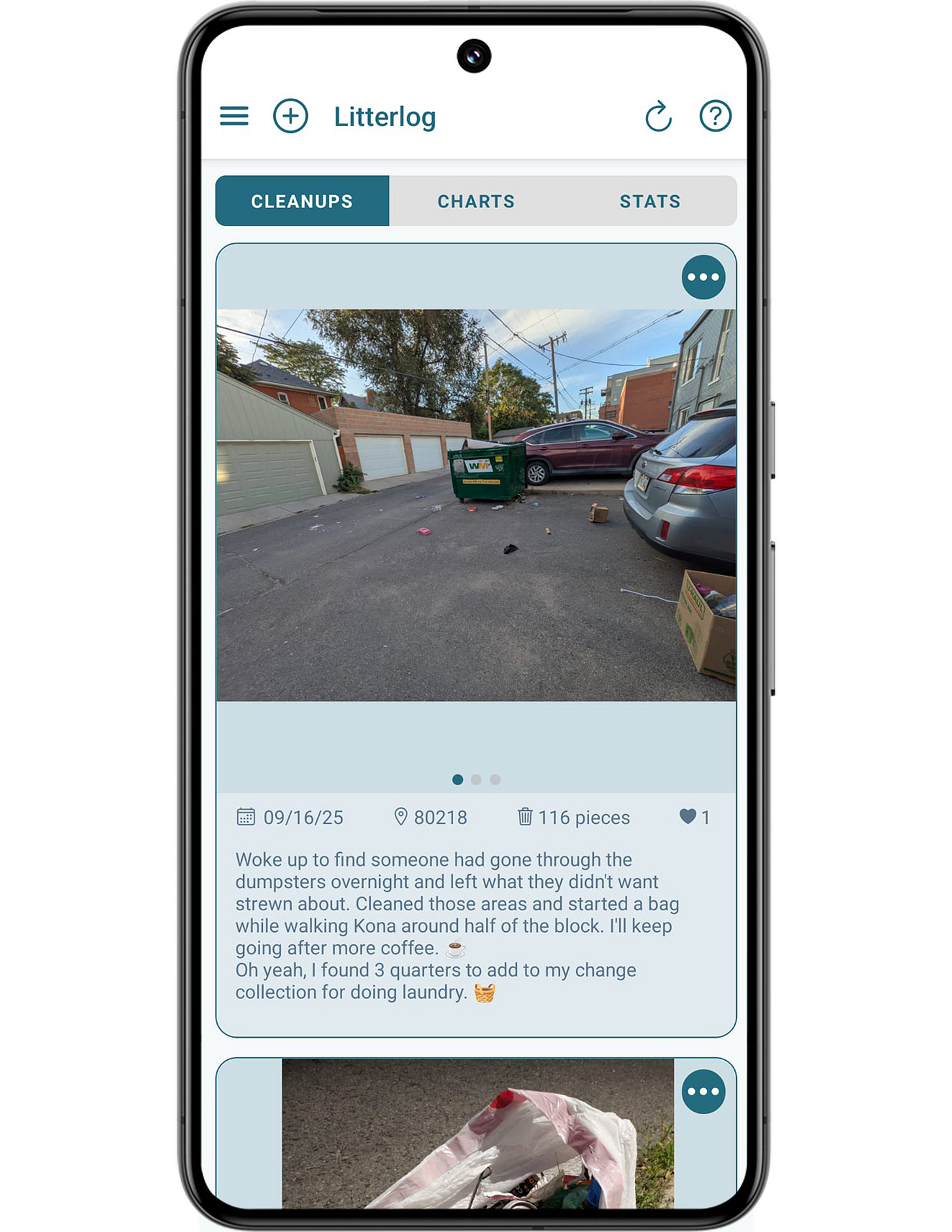 Screen capture of Litterlog page in the Delete Litter app. Screen capture of Litterlog page in the Delete Litter app.
