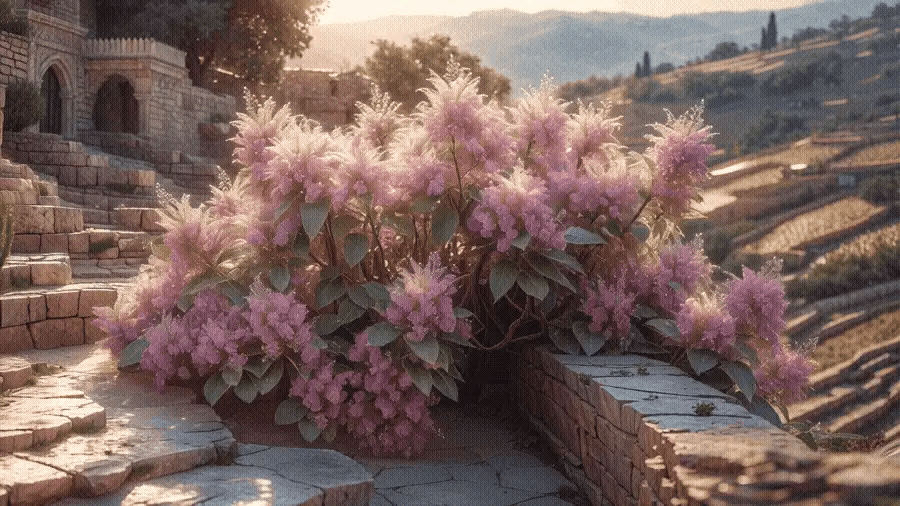 Clusters of Lilac Campire flowers cascade by ancient stone steps and a building, overlooking golden terraced vineyards of En-gedi, from Song of Solomon 1:14.