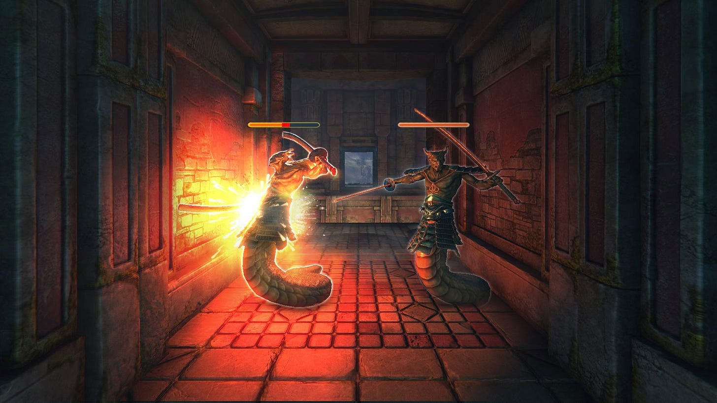 A screenshot from Might & Magic X - Legacy. Two snake creatures are attacking, with one flinching as it takes a hit from the hero. Health bars are shown floating above their heads. A screenshot from Might & Magic X - Legacy. Two snake creatures are attacking, with one flinching as it takes a hit from the hero. Health bars are shown floating above their heads.
