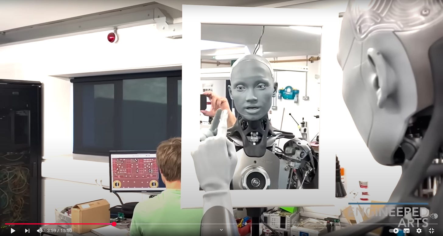 Robot looking at itself in a mirror, touching its own finger Robot looking at itself in a mirror, touching its own finger