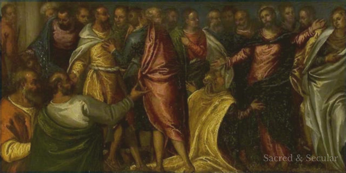 A wide Renaissance painting showing Jesus surrounded by a crowd as a kneeling woman reaches towards the edge of his clothing. Jesus turns towards her while other figures gather closely around them, emphasising the contrast between the busy crowd and the woman seeking his attention. A wide Renaissance painting showing Jesus surrounded by a crowd as a kneeling woman reaches towards the edge of his clothing. Jesus turns towards her while other figures gather closely around them, emphasising the contrast between the busy crowd and the woman seeking his attention.
