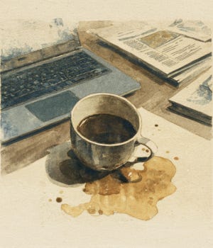 watercolor illustration of a coffee cup tipped over onto a laptop keyboard on a corporate desk, soft surreal tension