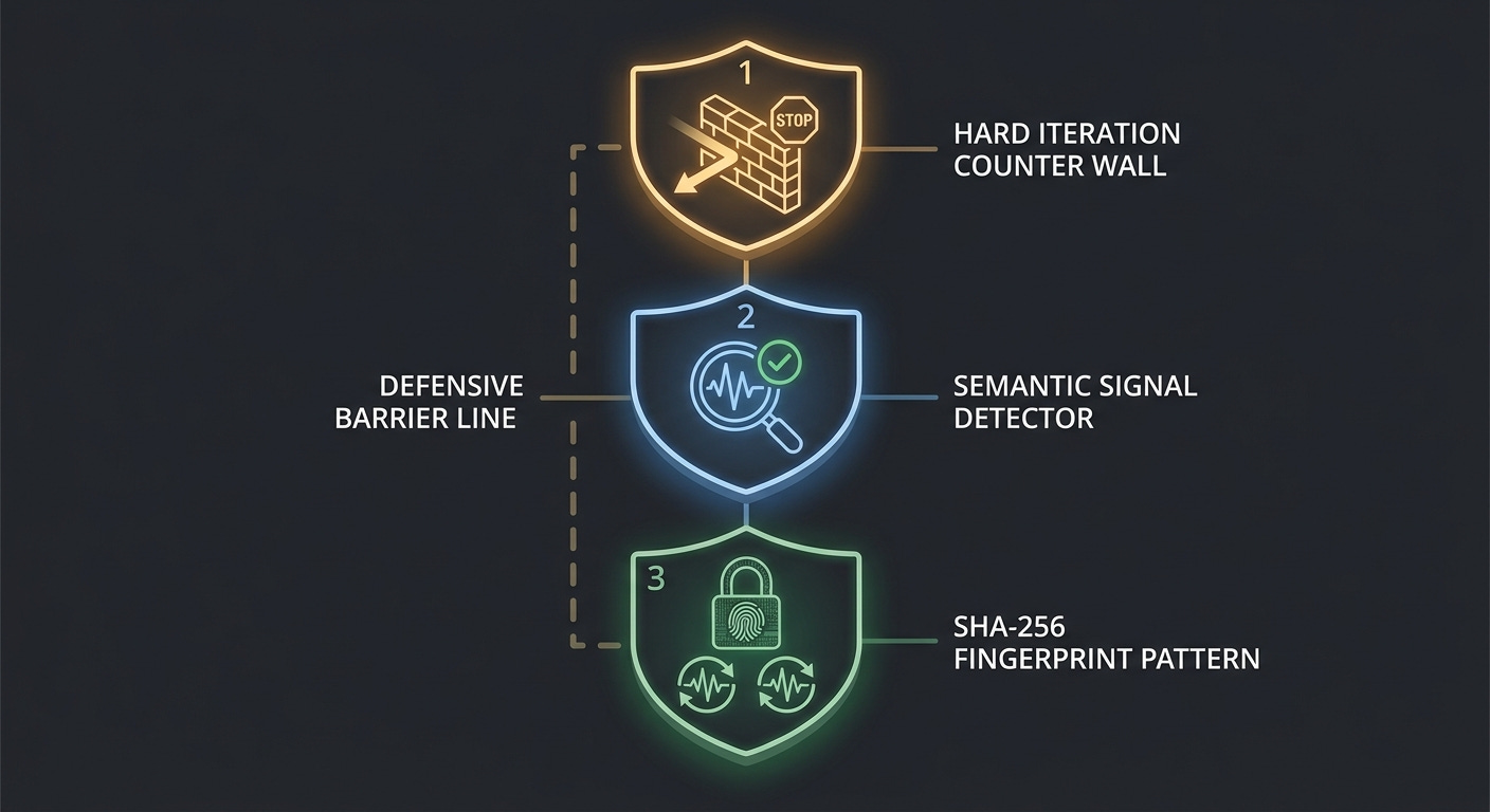 AI Agents stopping conditions: three layered shield defenses: iteration limit, completion detection, and SHA-256 repetition guard protecting agentic AI loops AI Agents stopping conditions: three layered shield defenses: iteration limit, completion detection, and SHA-256 repetition guard protecting agentic AI loops
