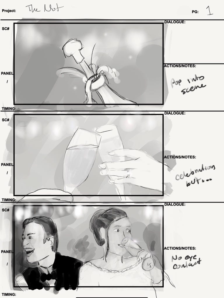 storyboards for the movie The Not depicting a wedding reception and champagne toast
