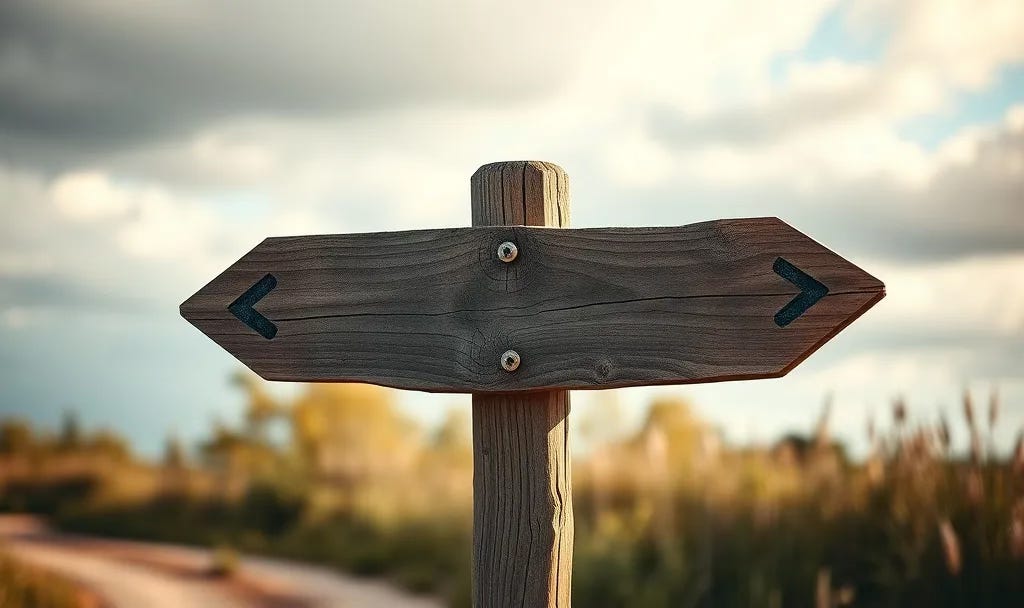 Vintage wooden signpost at crossroads with arrows pointing opposite directions, representing the choice between running away and running toward meaningful goals