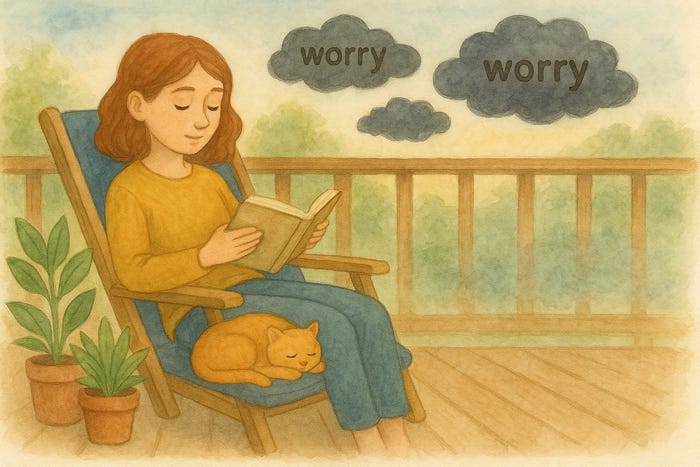 Watercolor painting of a woman reading on a porch with a cat on her lap, calm  with gray clouds labeled “worry” drifting away—symbolizing  the release of worry.