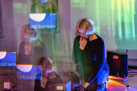 Images of performances in gallery space with artists using various types of sound and projection equipment  