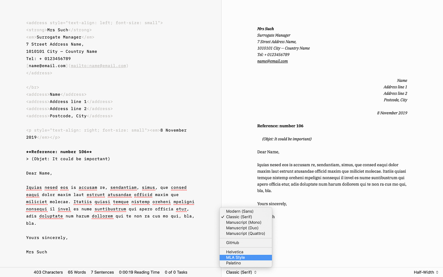 English letter template for iA Writer