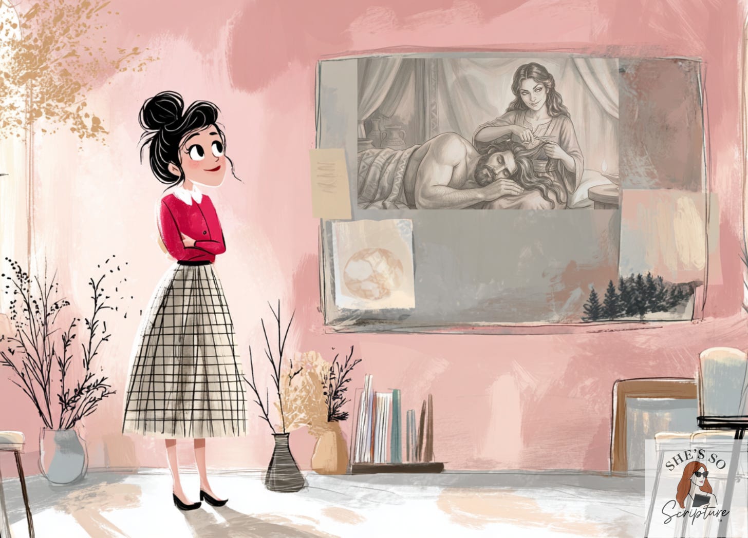 Stylized illustration of a woman with a messy bun, wearing a red top and plaid skirt, standing in a chic pink office. She is observing a large mood board featuring a vintage-style charcoal sketch of Delilah cutting Samson's hair, representing a deep dive Bible study for She’s So Scripture.