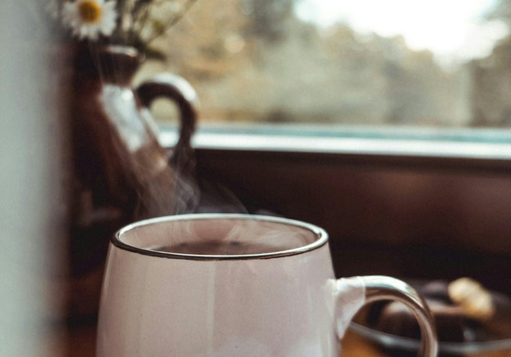 Steaming blush colored mug of tea in front of a winter window with dried daisies in the background Steaming blush colored mug of tea in front of a winter window with dried daisies in the background