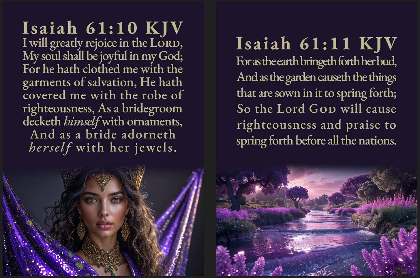 A two-panel card design featuring verses from Isaiah. The left panel displays Isaiah 61:10 KJV, illustrated by a portrait of a beautiful bride adorned with a crown, elaborate jewelry, and a shimmering purple robe. The right panel shows Isaiah 61:11 KJV, accompanied by an image of a vibrant landscape where a river flows through fields of purple flowers, representing a garden springing to life.
