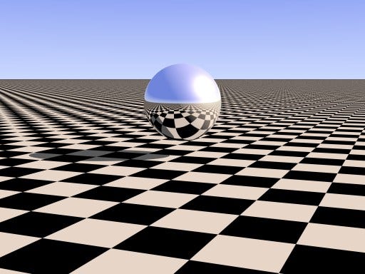 3d render of a reflective sphere on a checkered grid